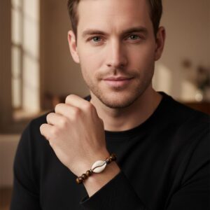 BRACELET EN ŒIL DE TIGRE AVEC UNE TOUCHE  DE CAURI  OU COQUILLAGE