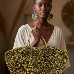 Sac d'été en osier couvert du tissu africain wax fait main