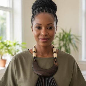 Collier fait main en bois d'ébène avec une touche d'os sculpté